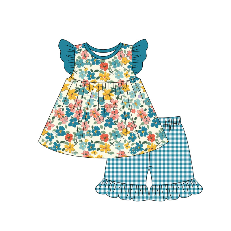 Preorder (moq 5)Baby Girls Dark Green Flowers Spring Top Checkered Shorts Clothes Sets