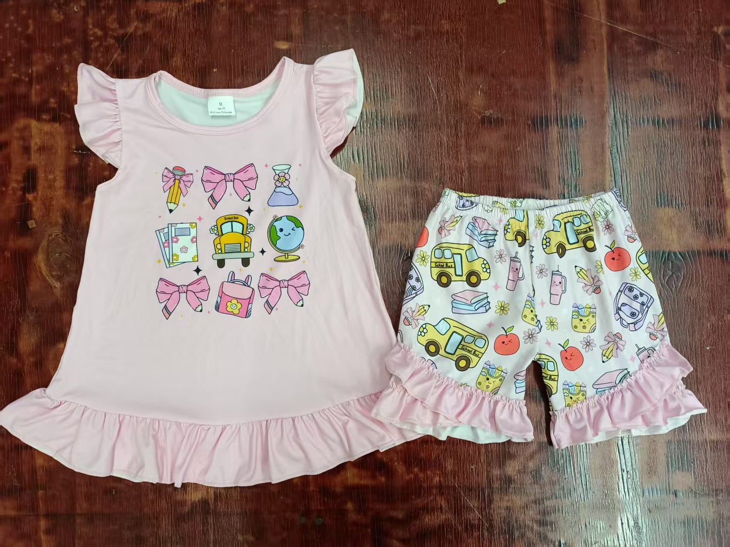 Preorder moq 5 Baby Girls Peach Flutter Sleeves Bows Pencils Tunic Ruffle Short Set