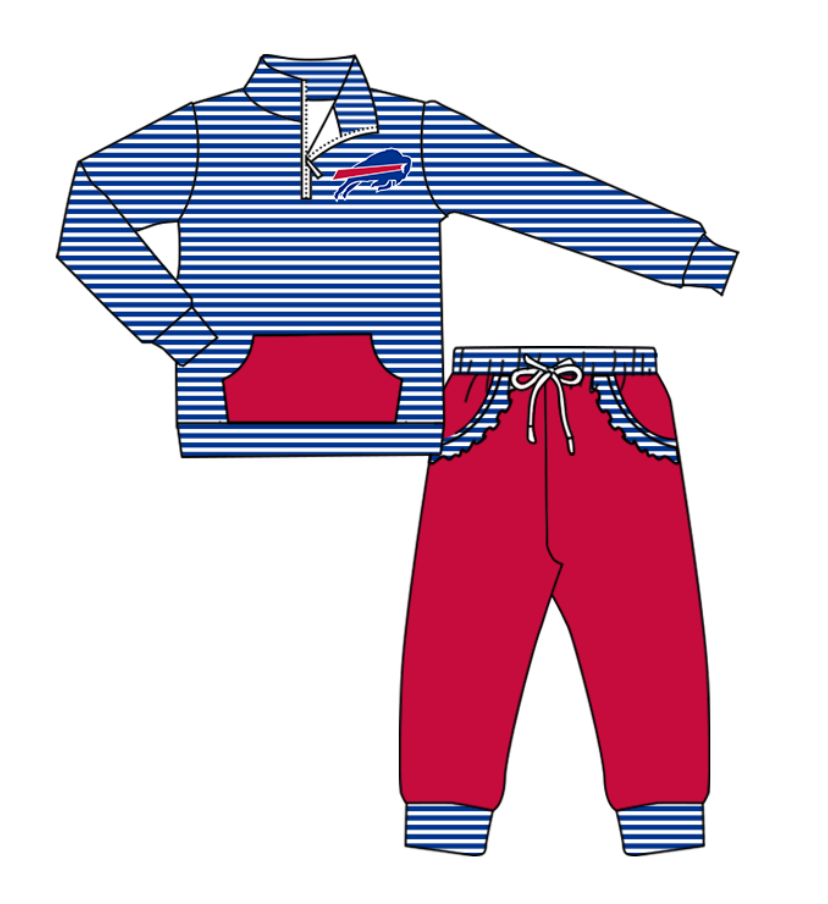 Preorder (moq 5)Baby Girls Blue Stripe Bulls Zip Pullover Pockets Jogger Team Clothes Sets