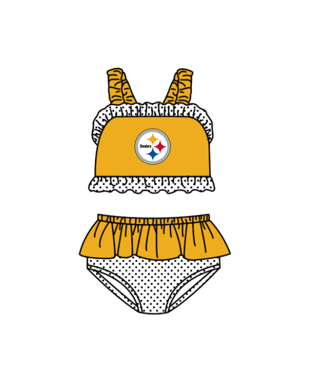 Preorder moq 5 Baby Girls Yellow Steelers Strap Top Bummies Team Swimsuits