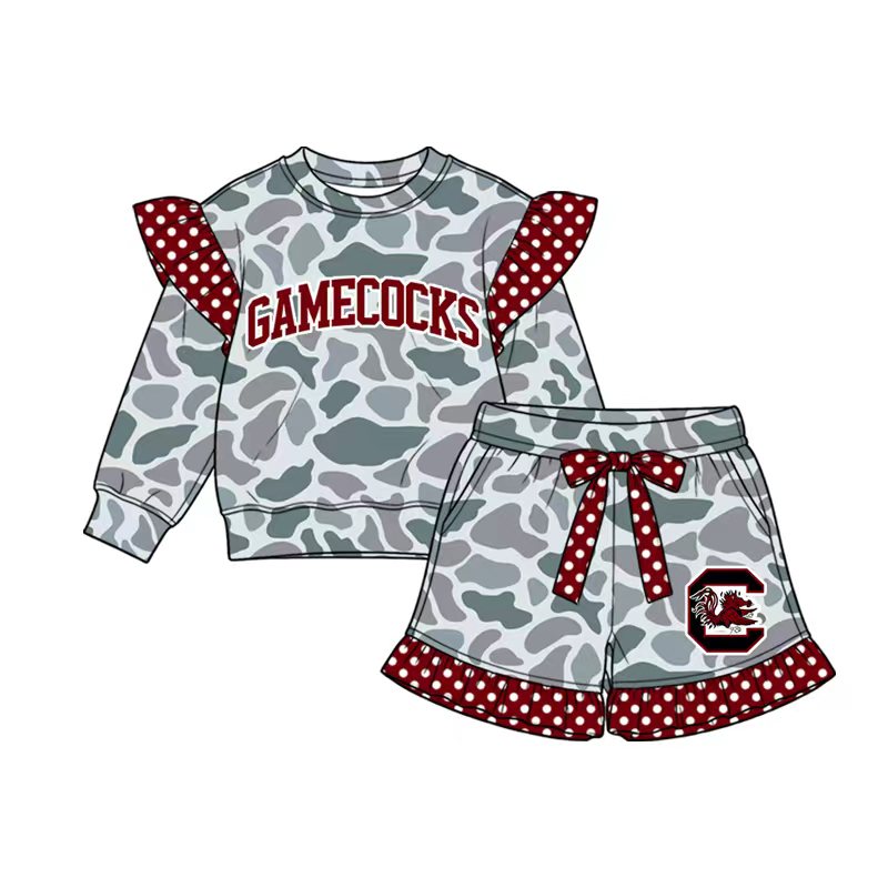 Preorder (moq 5) Baby Girl Clothes Gamecocks Camo Polka Dot Ruffle Print Long Sleeve Top Short Set