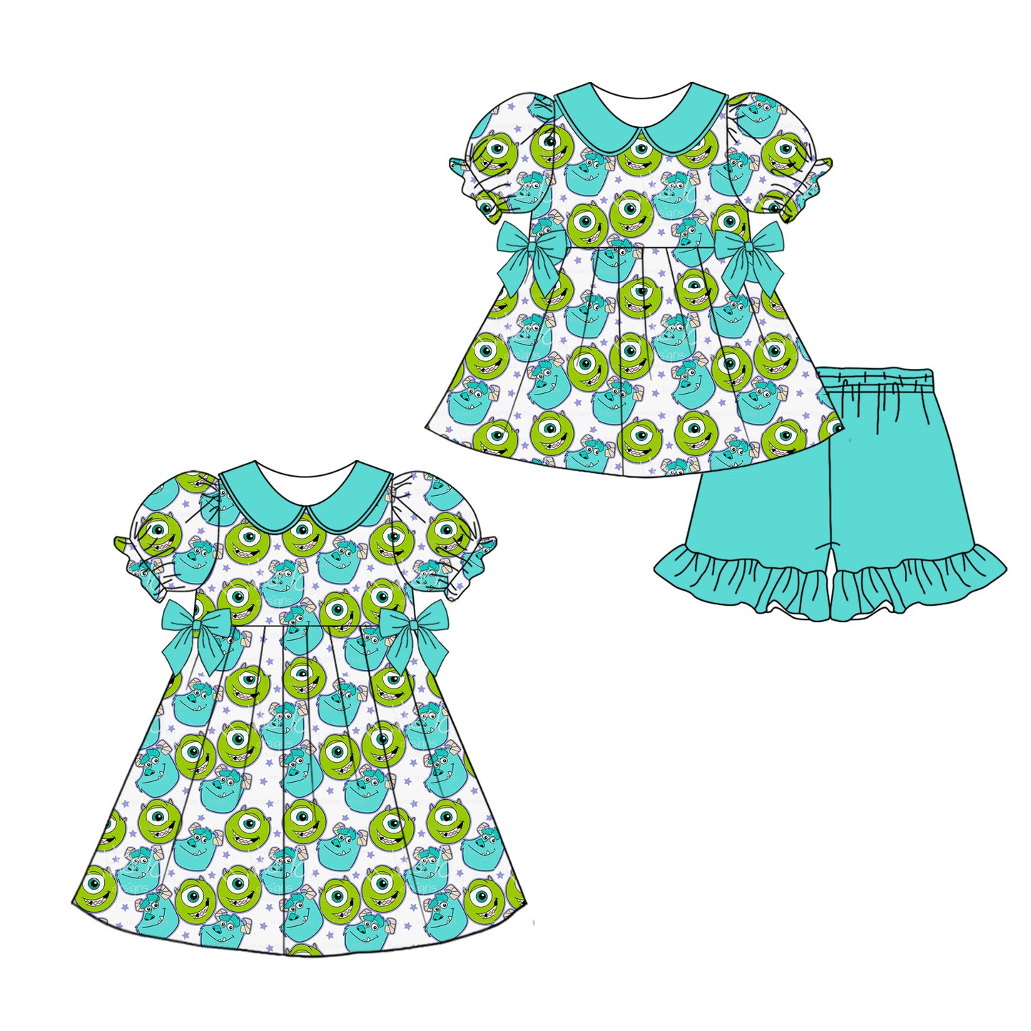Preorder moq 5 Custom Baby Girls Cartoon Eyes Tunic Green Ruffle Short Set Knee Length Dress
