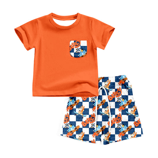 Baby Boys Orange Short Sleeve Tee Top Dog Rocket Shorts Clothes Sets Preorder(moq 5)