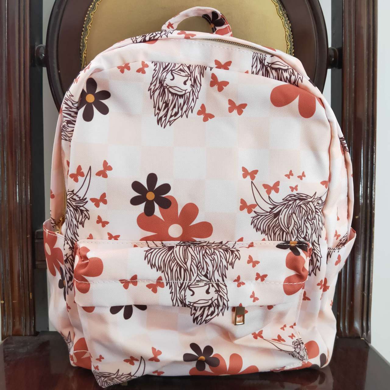Baby Kids Children Orange Highland Cow Flowers Print Western Back Bags