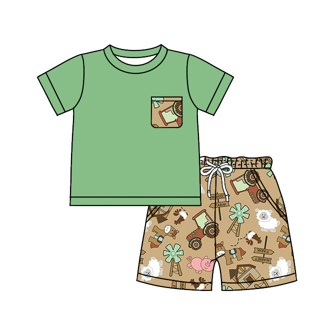 Baby Boys Green Shirt Truck Farm Shorts Summer Outfits Clothes Sets preorder(moq 5)