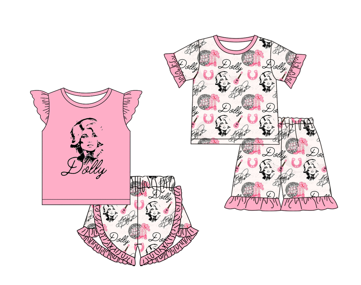 Preorder moq 5 Custom Baby Girls Pink Short Sleeves Singer Top Guitars Ruffle Short Set Pajamas Set