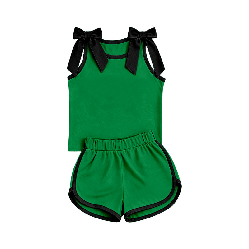 Preorder (moq 5)Baby Girls Green Black Bows Sleeveless Top Short Clothes Sets