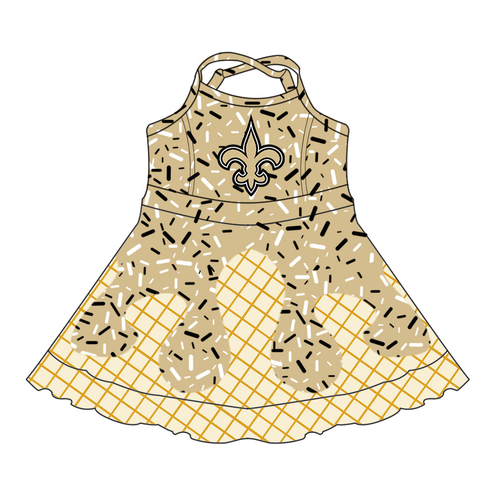 Preorder (moq 5)Baby Girls Drip Sprinkles New Orleans Saints Team Shorts Ruffle Knee Length Dress
