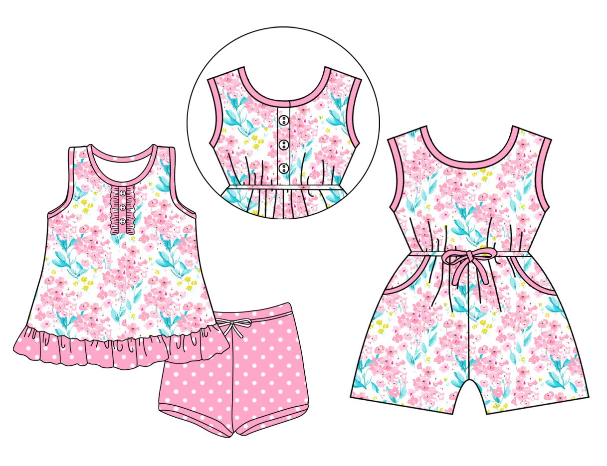 Preorder moq 5 Custom Baby Girls Pink Sleeveless Button Floral Tunic Polka Dots Short Set Pockets Jumpsuits