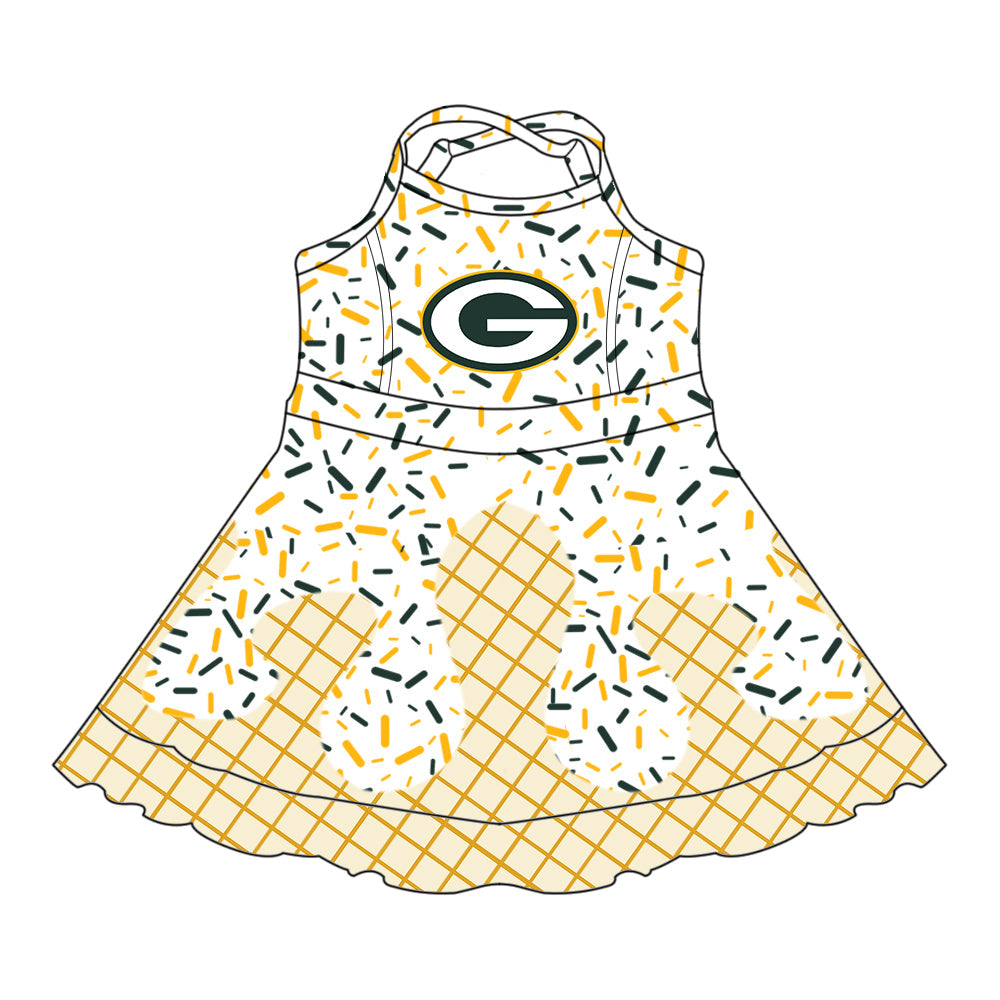 Preorder (moq 5)Baby Girls Drip Sprinkles Green Bay Packers Team Shorts Ruffle Knee Length Dress