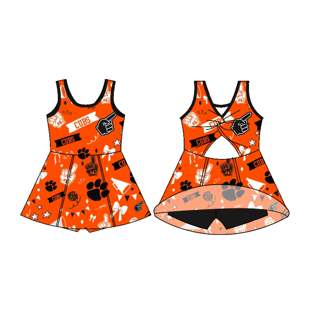 Preorder (moq 5)Baby Girls Sleeveless Orange Cubs Football Team Shorts Dresses