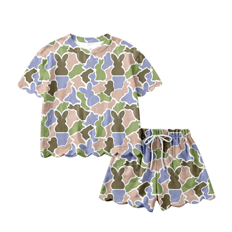 Preorder (moq 5)Baby Girls Colorful Rabbits Camo Top Scallop Shorts Easter Clothes Sets