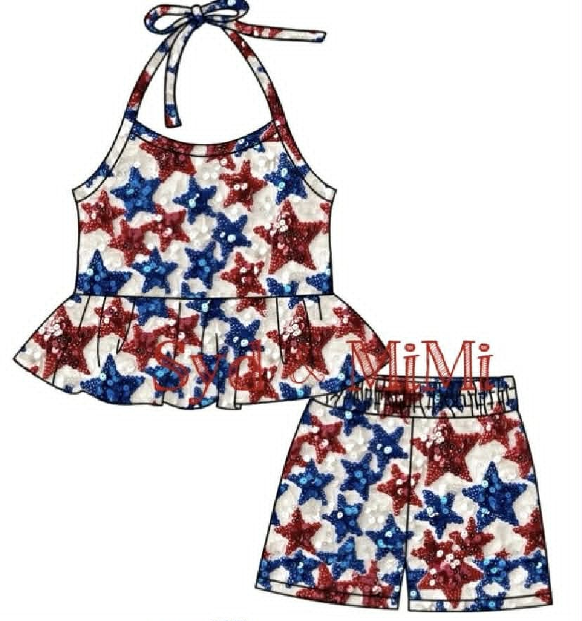 Preorder moq 5 Baby Girls Strap Red Blue Stars Tunic Short 4th of July Clothes Set