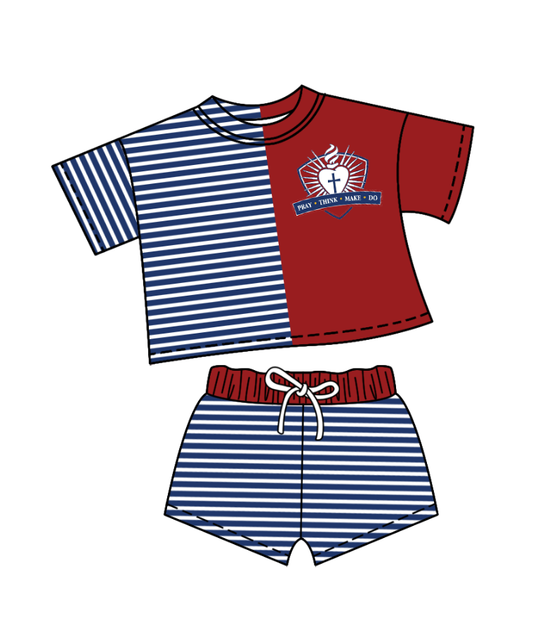 Preorder (moq 5)Baby Girls Blue Stripe Pray Top Shorts Team Clothes Sets