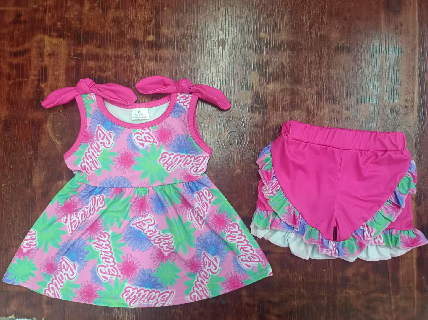 Preorder moq 5 Baby Girls Pink Bows Sleeveless Cartoon Dolls Flowers Tunic Pockets Ruffle Short Set