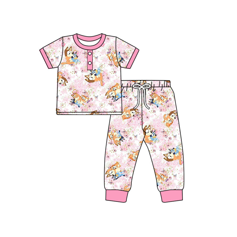 Preorder (moq 5)Baby Girls Pink Dogs Buttons Top Pants Pajamas Clothes Sets