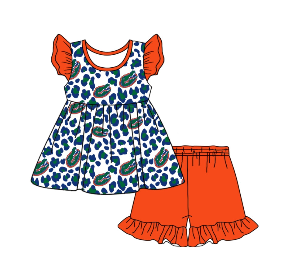 Preorder (moq 5)Baby Girls Crocodile Team Tunic Top Ruffle Shorts Clothes Sets