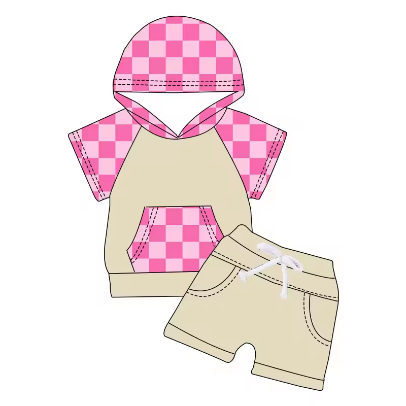 Baby Girls Pink Checkered Hooded Top Shorts Clothes Sets preorder (moq 5)