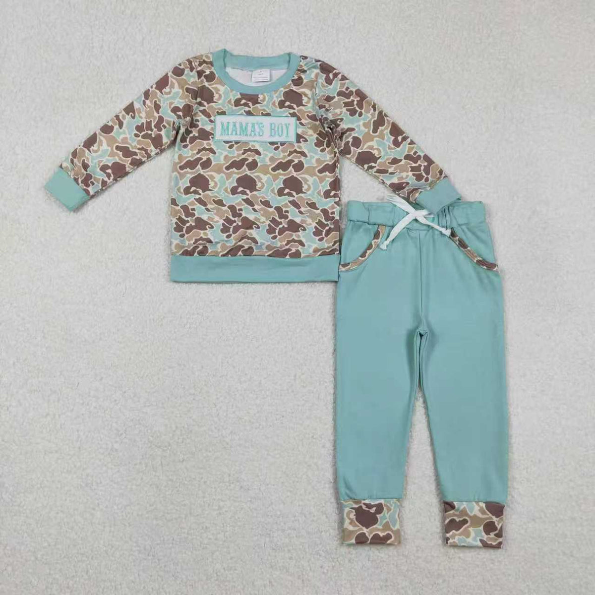 Sibling Baby Boys Embroidery Mama's Boy Green Camo Pockets Pants Clothes Sets Hoodie Romper