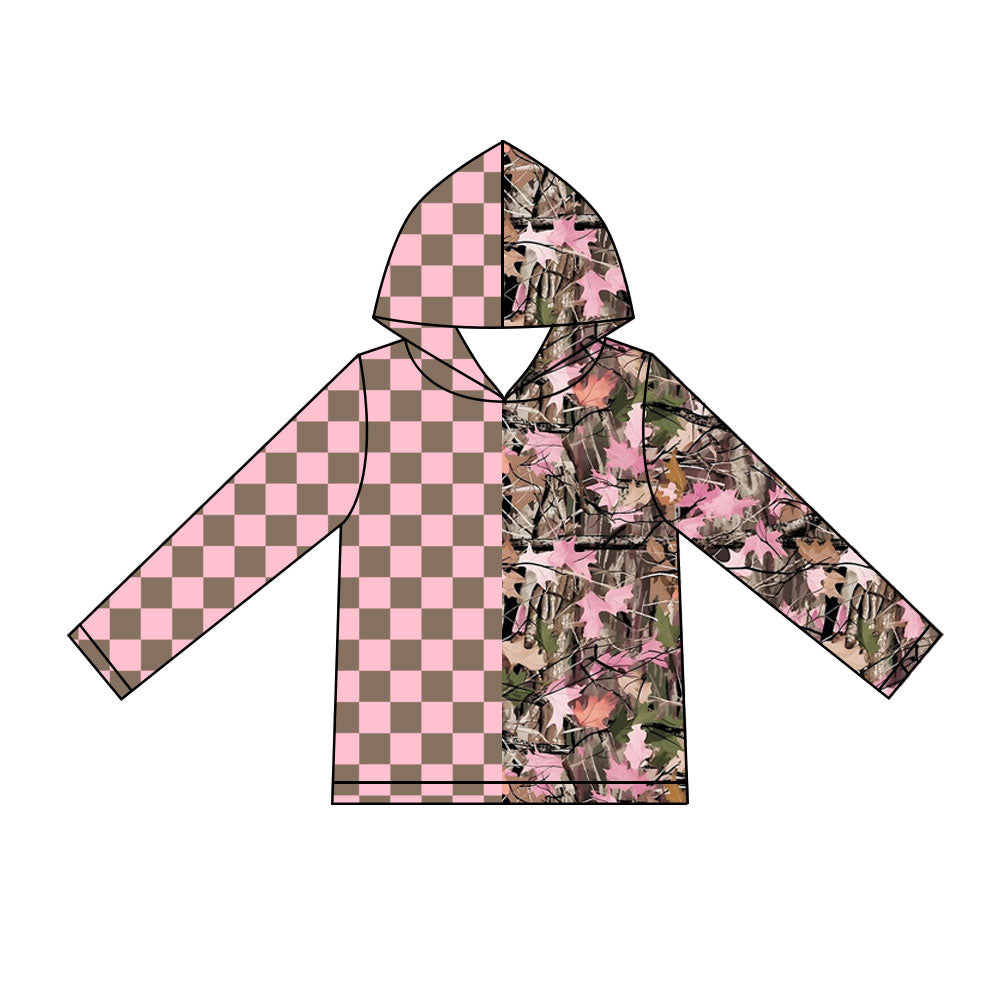 Preorder (moq 5) Girls Pink Checkered Camouflage Hooded Long Sleeve Tops