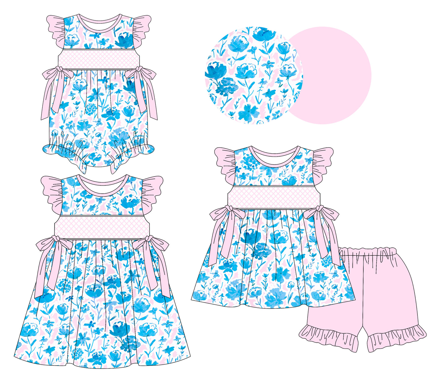 Preorder moq 5 Custom Baby Girls Pink Blue Floral Tunic Ruffle Short Set Knee Length Dress And Rompers