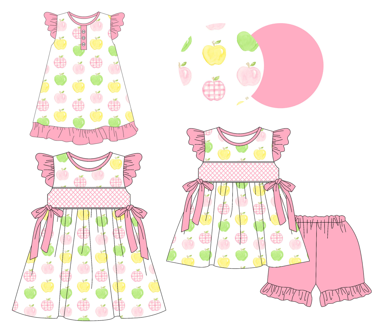 Preorder moq 5 Custom Baby Girls Pink Flutter Sleeves Colorful Apples Tunic Ruffle Short Set Knee Length Dresses