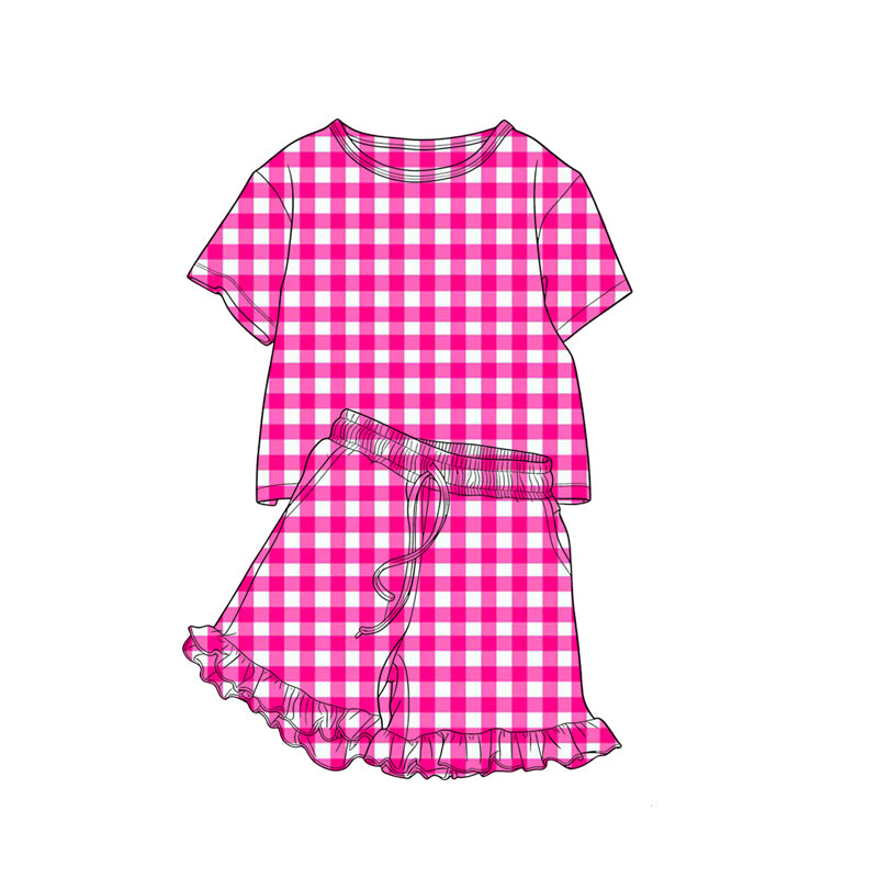 Preorder moq 5 Baby Girls Hot Pink Checked Shirt Top Pockets Ruffle Shorts Clothes Set