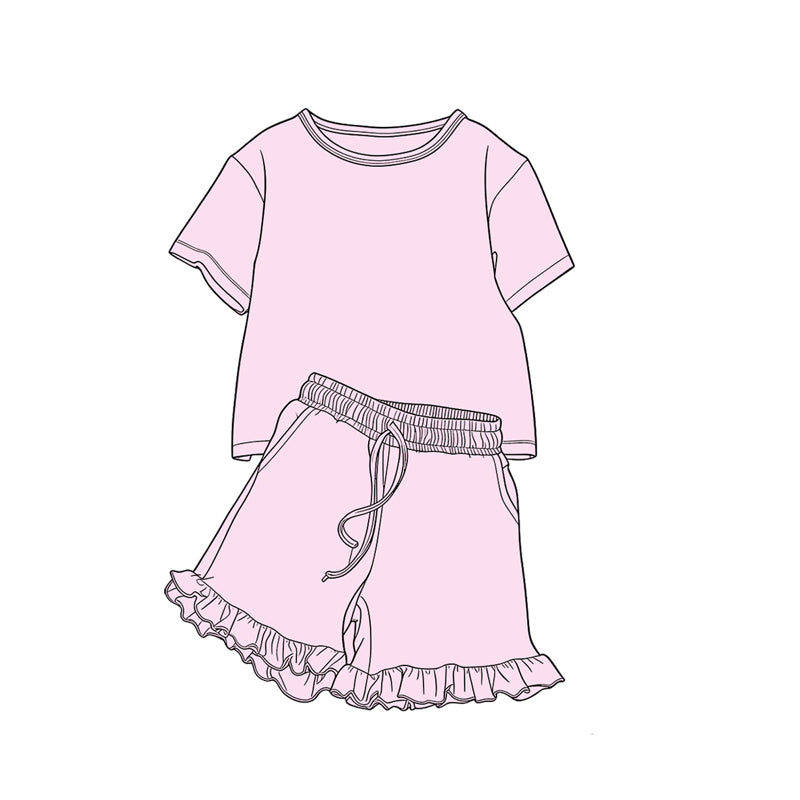 Preorder moq 5 Baby Girls Pink Shirt Top Pockets Ruffle Shorts Clothes Set