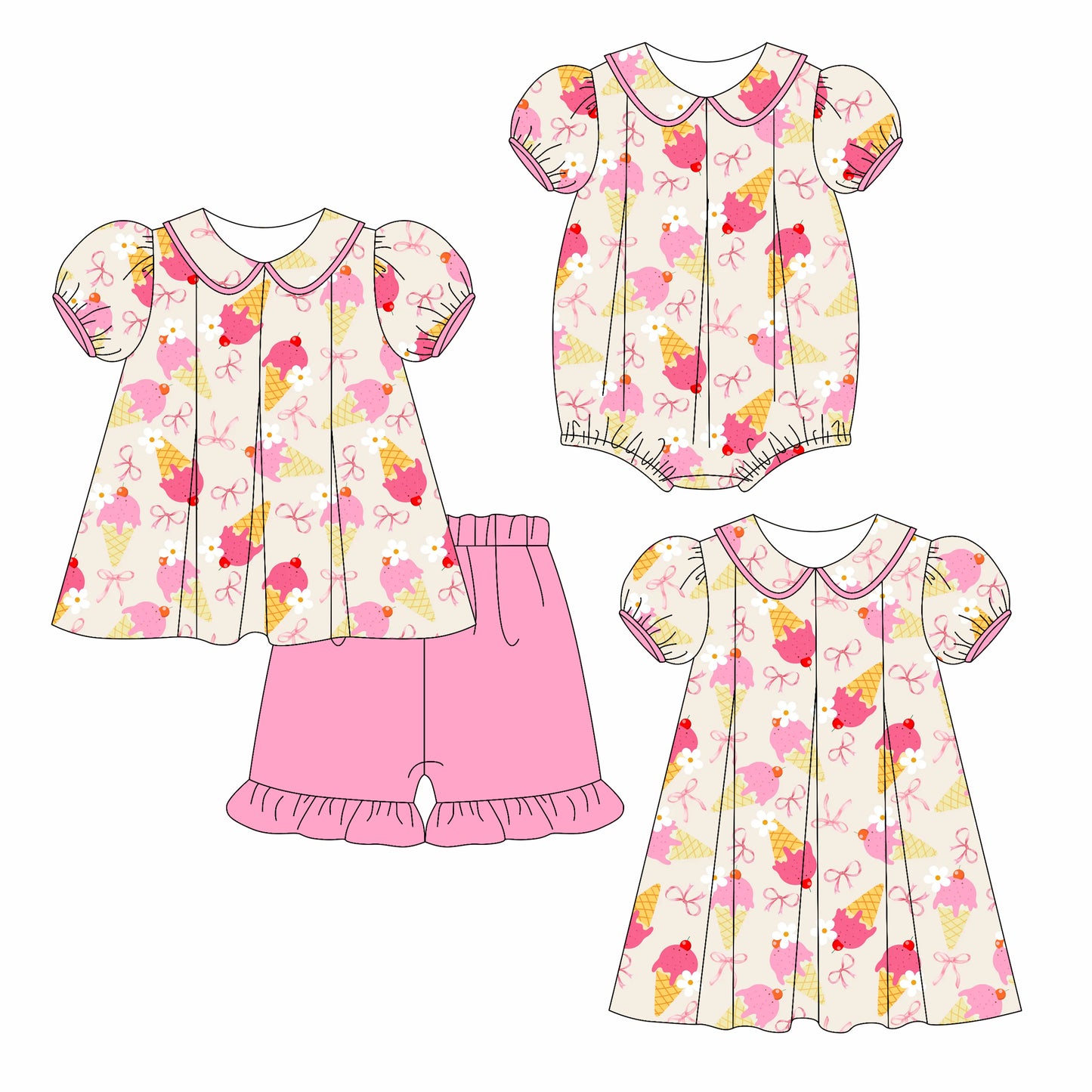 Preorder moq 5 Custom Baby Girls Pink Ice Cream Tunic Ruffle Short Set Knee Length Dress And Rompers