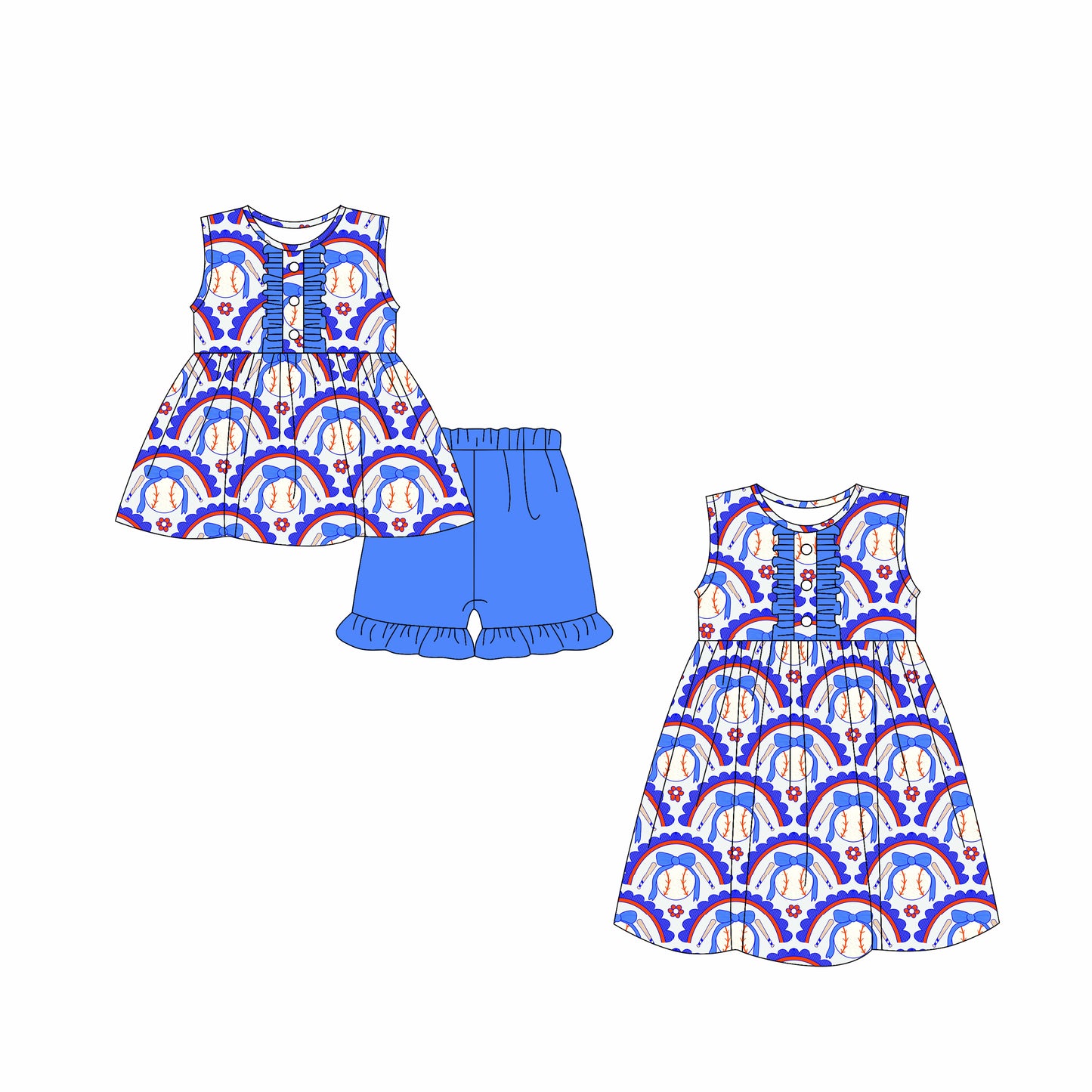 Preorder moq 5 Custom Baby Girls Button Blue Bow Baseballs Tunic Ruffle Short Set Knee Length Dresses