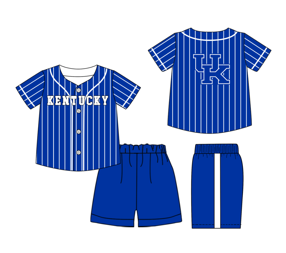 Preorder (moq 5)Baby Boys Blue Stripe Kentucky Button Top Shorts Team Clothes Sets