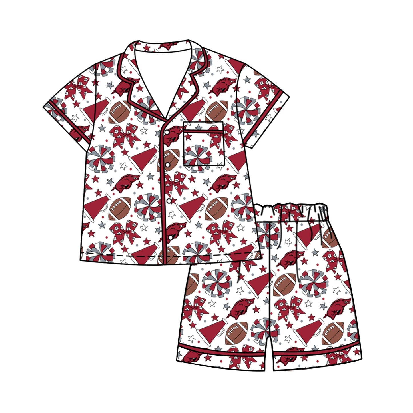 Preorder (moq 5)Baby Girls Footballs Bows Button Pocket Top Short Team Clothes Sets