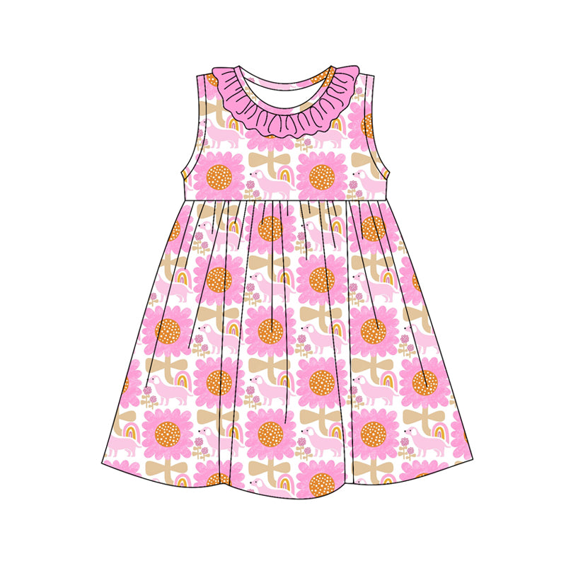 Preorder (moq 5)Baby Girls Hot Pink Sleeveless Dogs Floral Knee Length Dresses