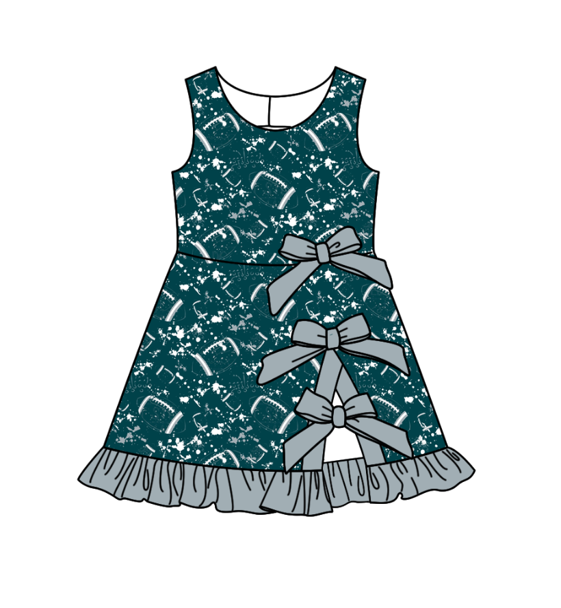 Preorder (moq 5)Baby Girls Tie-dye Footballs Print Team Bows Shorts Knee Length Dress