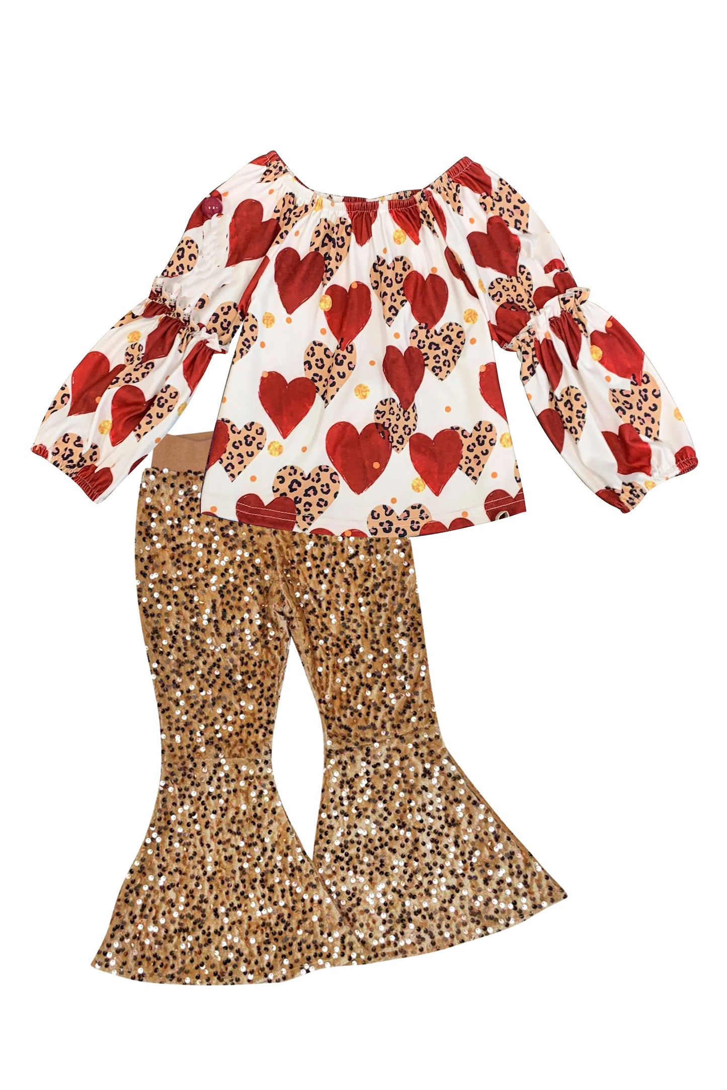 Baby Girls Valentines Hearts Long Sleeve Tee Shirts Tops Golden Sequin pants sets preorder(moq 5)
