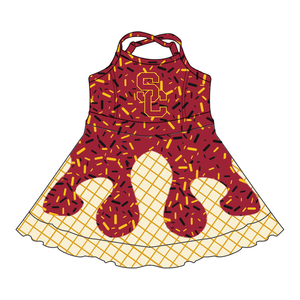 Preorder (moq 5)Baby Girls Drip Sprinkles USC Trojans Team Shorts Ruffle Knee Length Dress
