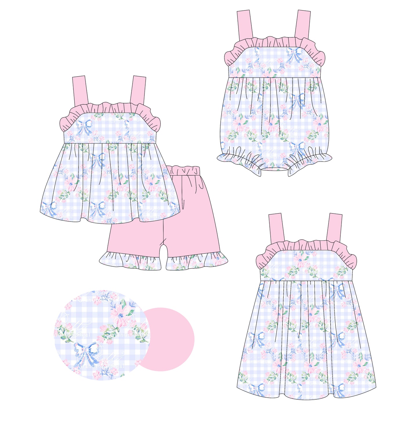 Preorder moq 5 Custom Baby Girls Pink Strap Bows Floral Plaid Tunic Ruffle Short Set Knee Length Dress And Rompers