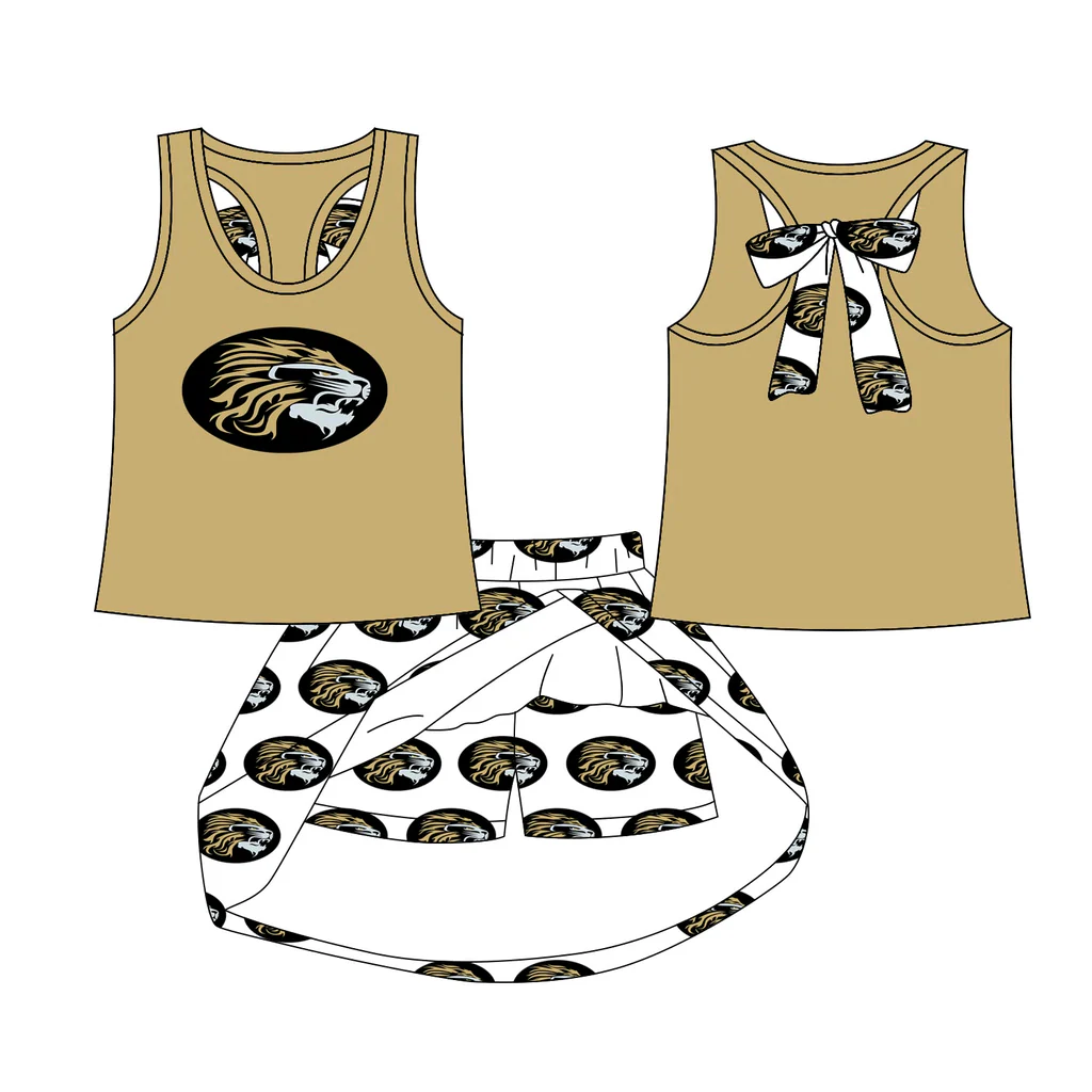 Preorder (moq 5)Baby Girls Kaufman Lion bow vest team Top Skirt Skort Sets
