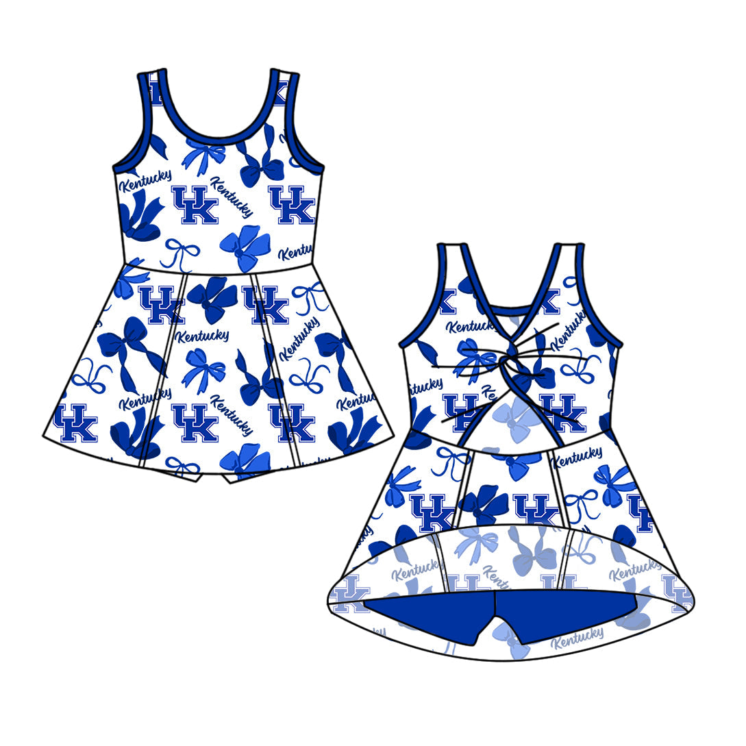 Preorder (moq 5)Baby Girls Sleeveless Blue UK Bows Team Shorts Knee Length Dresses