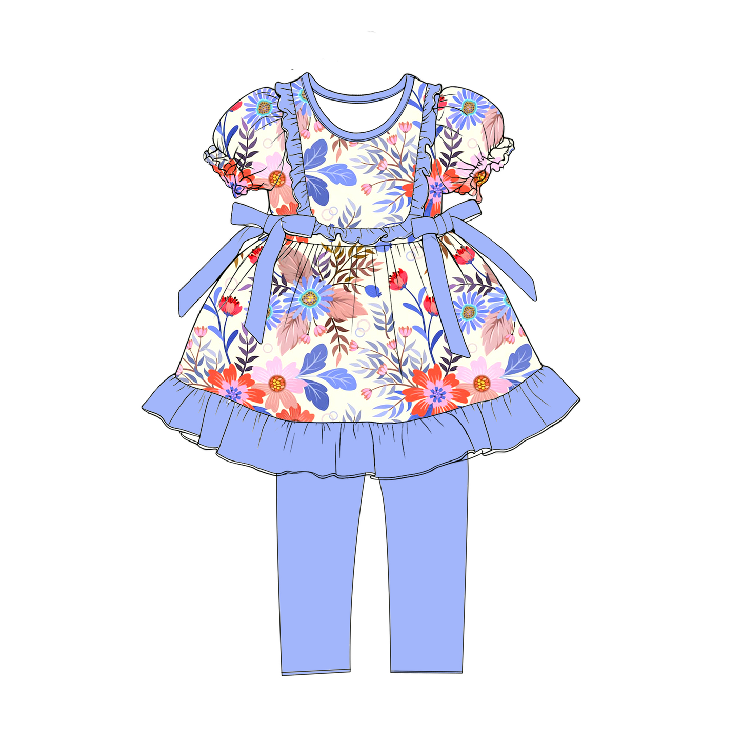 Preorder (moq 5)Baby Girls Blue Red Flowers Bows Tunic Legging Pants Clothes Sets