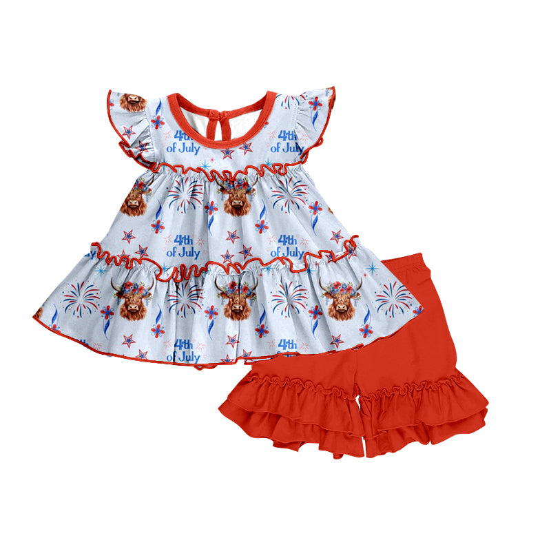 Baby Girls Highland Cow 4th of July Tunic Top Ruffle Shorts Clothes Sets preorder(moq 5)