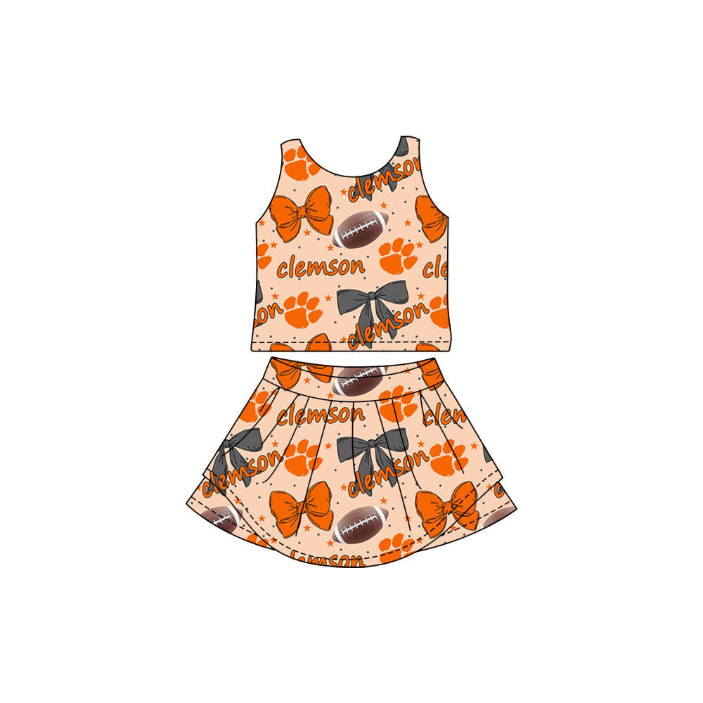 Preorder (moq 5)Baby Girls Sleeveless Team Clemson Footballs Bows Vest Top Skorts Set