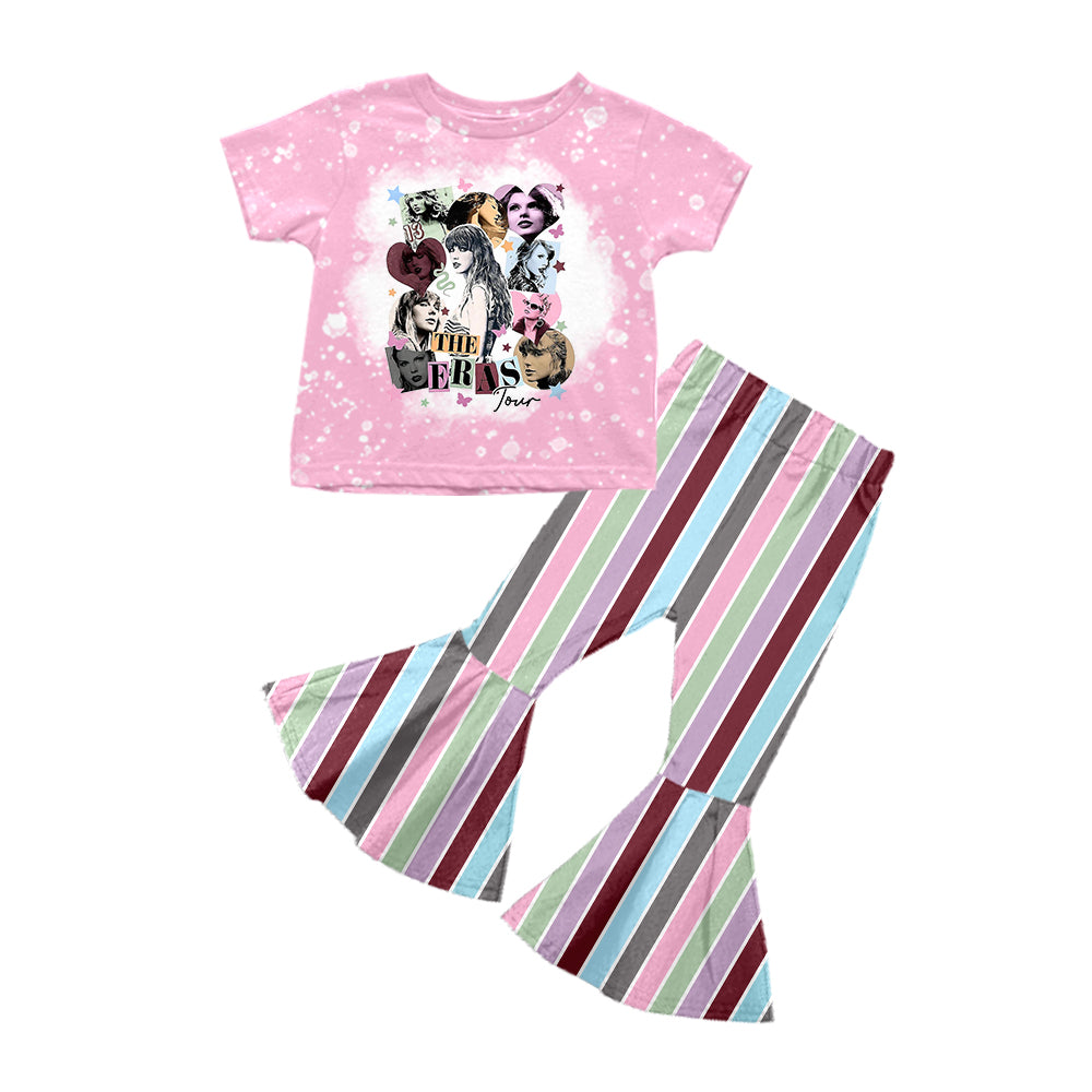 Baby Girls Pink Singer Short Sleeve Tee Shirts Stripes Bell Pants Clothes Sets preorder(moq 5)