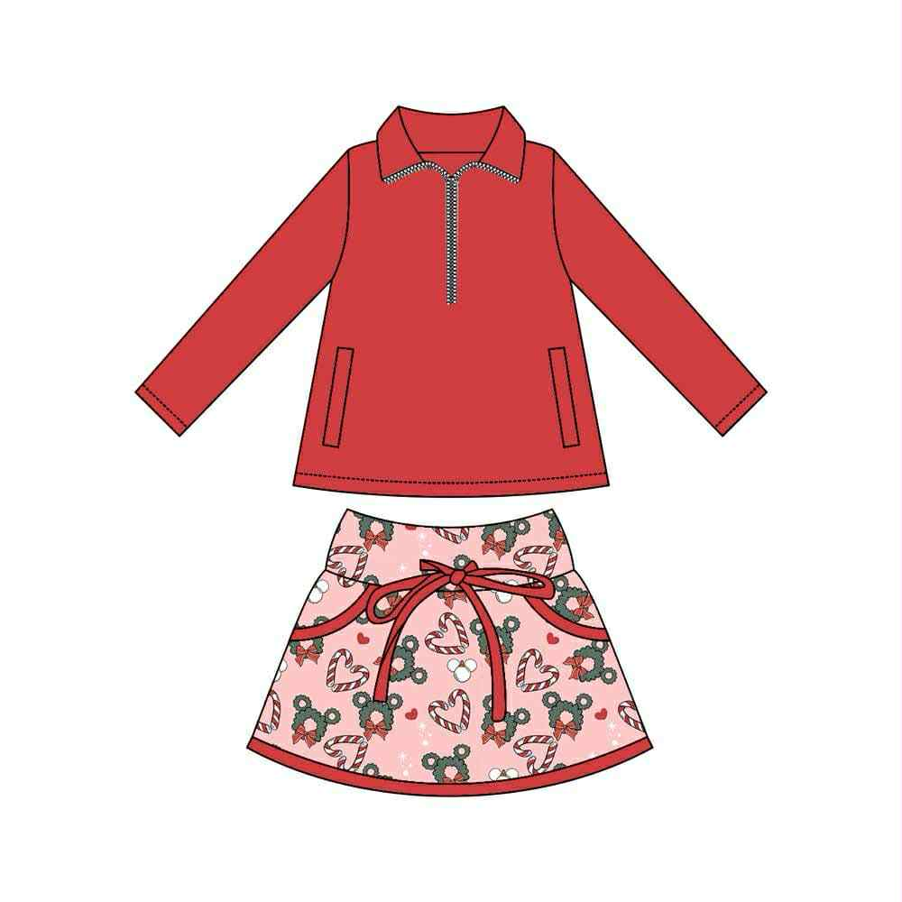Preorder moq 8 Baby Girls Red Pockets Zipper Pullovers Candy Cane Skirt Shorts Christmas Clothes Set