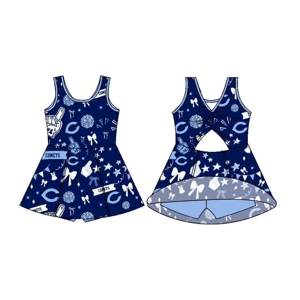 Preorder (moq 5)Baby Girls Sleeveless Blue Comets Football Team Shorts Dresses