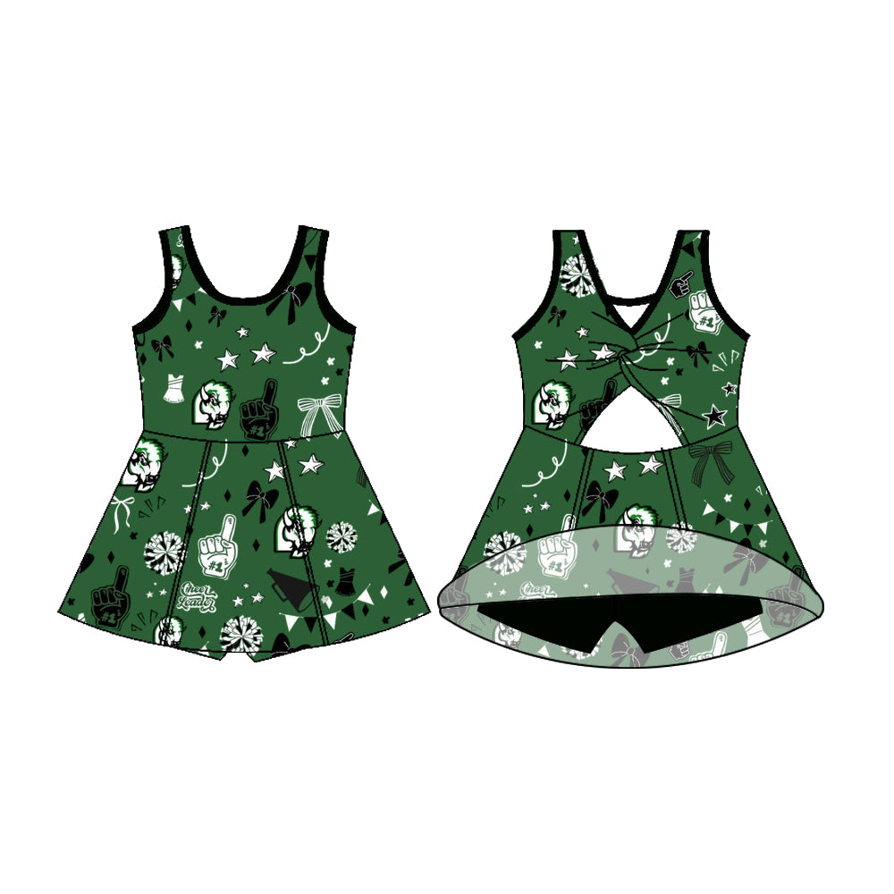 Preorder (moq 5)Baby Girls Sleeveless Green Cheerleader Football Team Shorts Dresses
