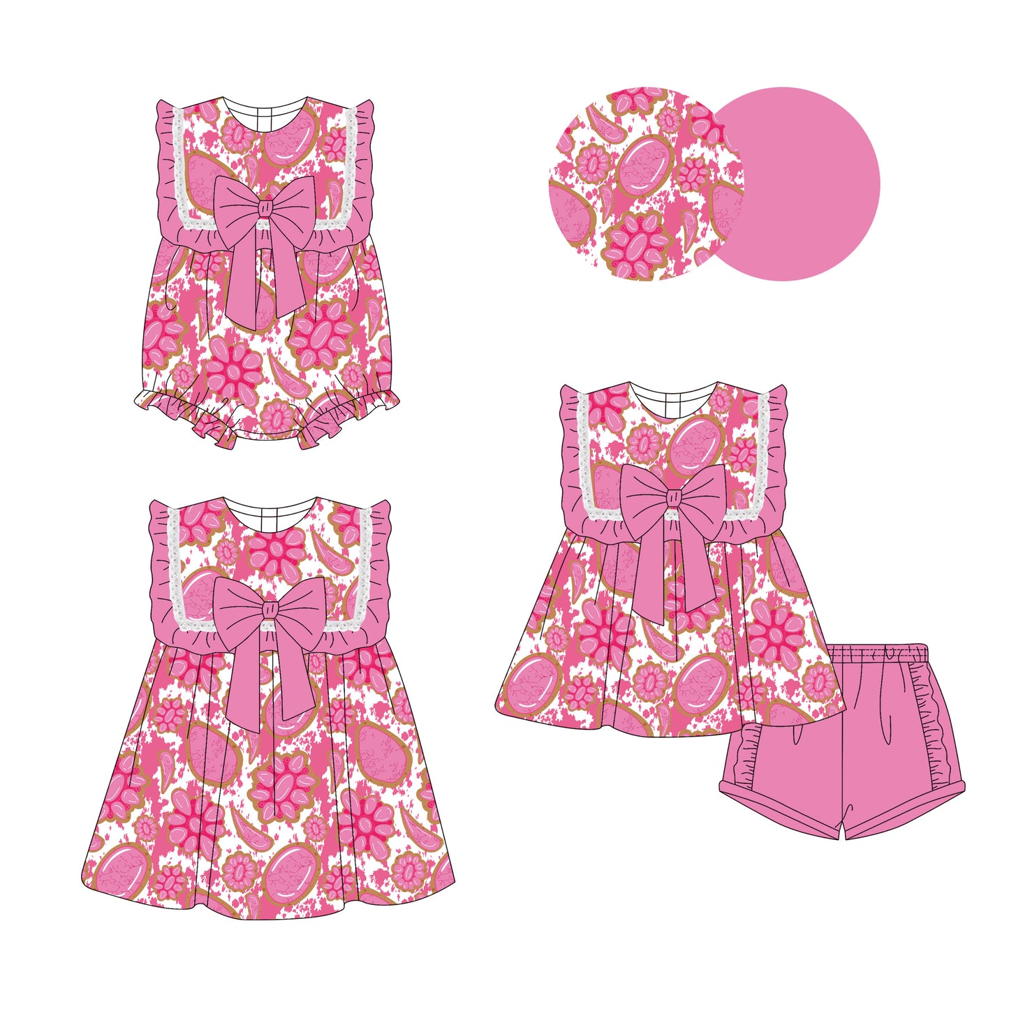 Preorder moq 5 Custom Baby Girls Pink Sleeveless Turquoises Bow Tunic Ruffle Short Set Knee Length Dress Rompers