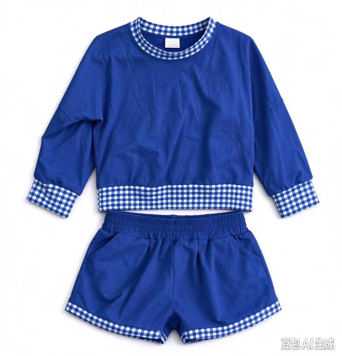Preorder (moq 5) Baby Girl Clothes Royal Blue Solid Top Blue Gingham Edge Long Sleeve Cropped Top Shorts Clothes Set