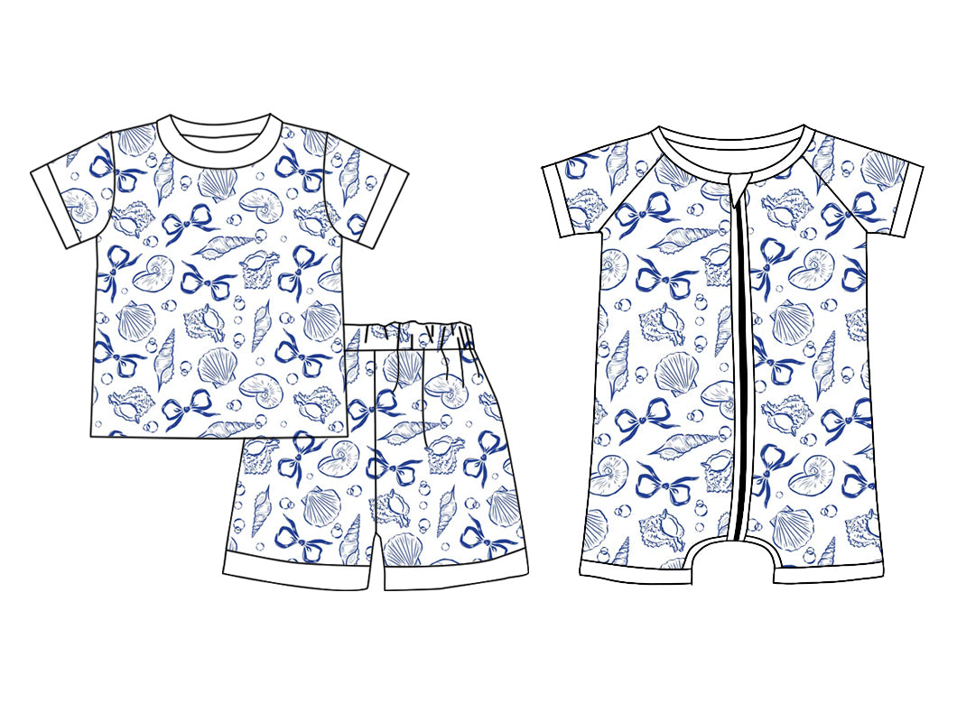 Preorder(moq 5 each)Sibling Baby Girls Blue Seashell Bows Top Shorts Pajamas Rompers Clothes Sets