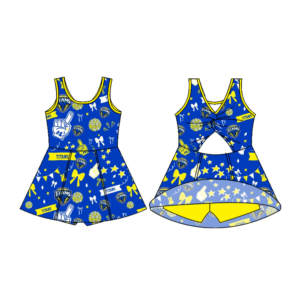 Preorder (moq 5)Baby Girls Sleeveless Blue Titans Football Team Shorts Dresses